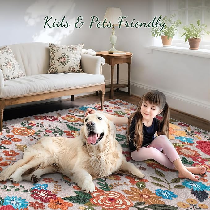 9x12 Area Rug for Living Room: Vintage Floral Washable Rug Soft Boho Non Slip Carpet Large Indoor Floor Non Shedding Low Pile Thin Carpets for Bedroom Dining Room Farmhouse Nursery Home Office Beige