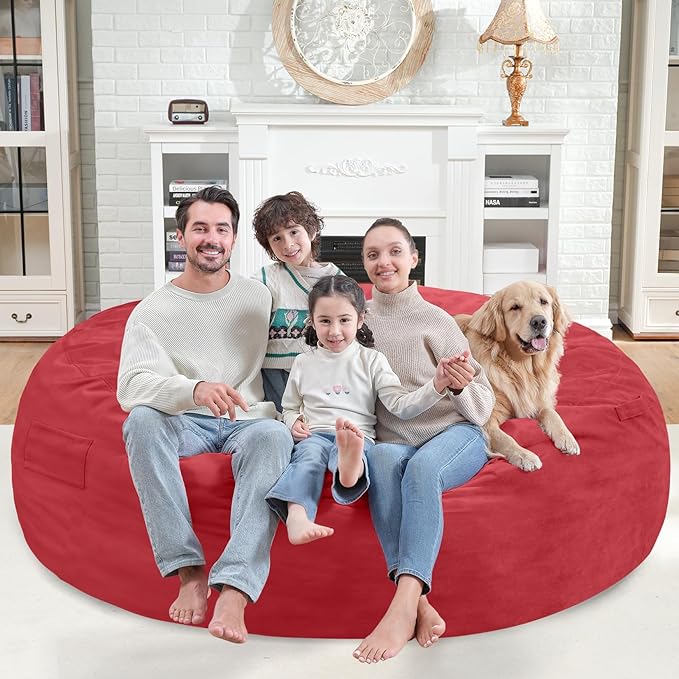 7FT Bean Bag Chair, Large Bean Bag Chairs with Memory Foam Filled, Fluffy Beanbag Sofa with Dutch Velvet Cover, Round BeanBag Chairs for Living Room, Playroom - Red