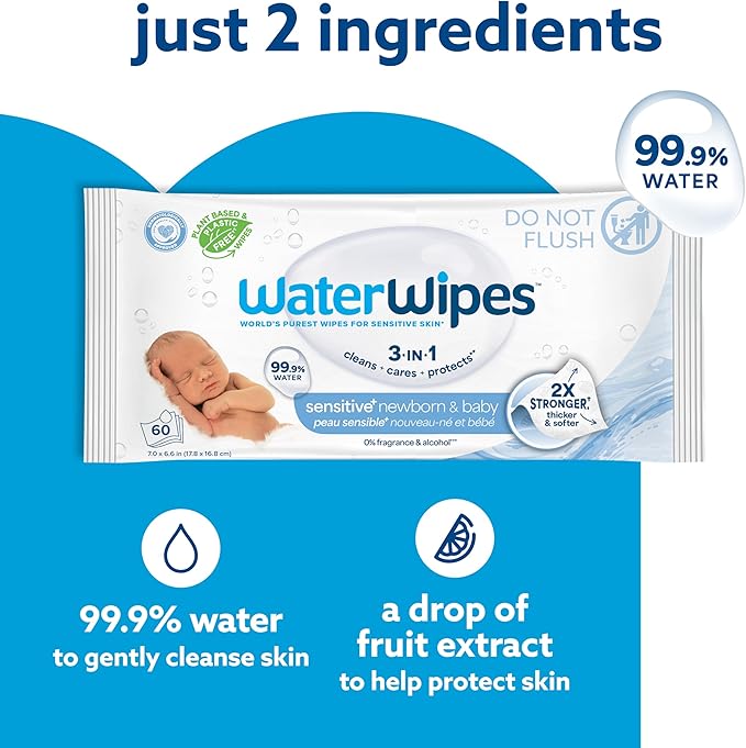 WaterWipes Sensitive+ Newborn & Baby Wipes, 3-In-1 Cleans, Cares, Protects, 99.9% Water, Unscented & Hypoallergenic, 540 Count (9 Packs)