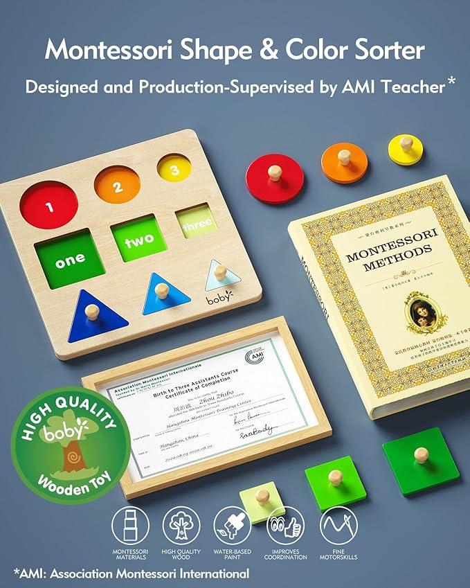 Boby Montessori Puzzles for Babies 12-18-24 Months, Wooden Jumbo Knob Peg Puzzle Shape sorter for Toddlers 1-3 Year Old, Early Learning Sensorial Toys (Shapes & Size Sorting Puzzle)