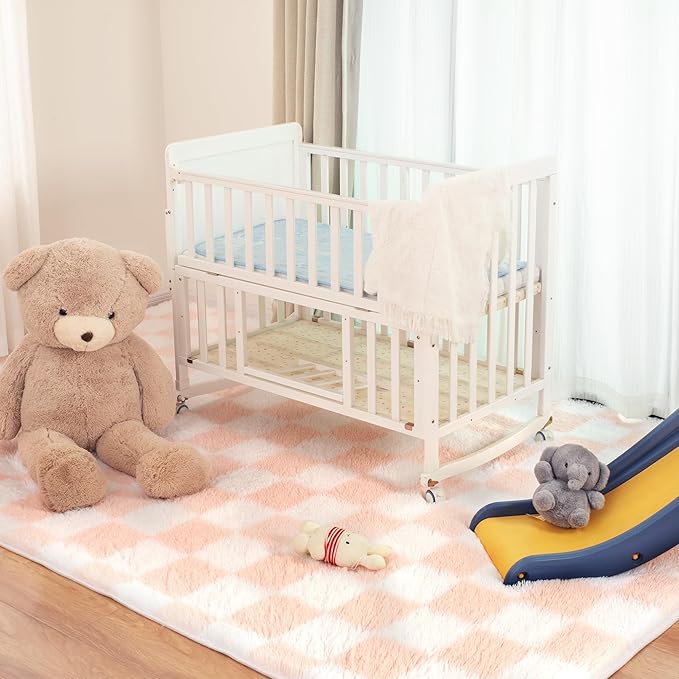 Super Soft Rug for Bedroom, 8x10 Ft Pink and White Area Rug Classic Checkered Shaggy Anti-Skid High Pile Soft Fluffy Rug Fuzzy Carpet for Living Room Bedroom Kids Room Nursery, Dorm Home Decor