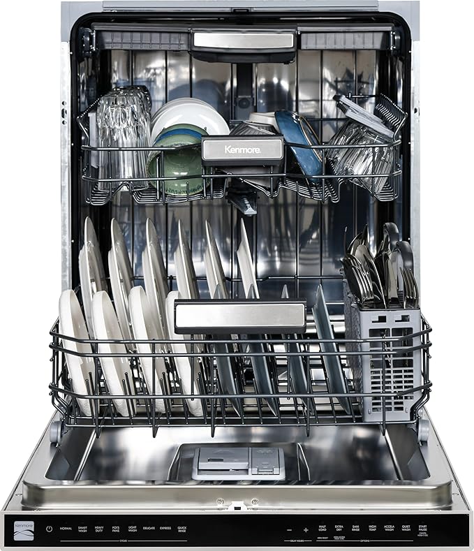 Kenmore 24" Built-in Stainless Steel Tub Dishwasher EasyFlex Third Rack, TurboDry, SmartWash & Reach-Thru Handle-15 Place Settings-45 DBA, Energy Star Certified, Fingerprint Resistant