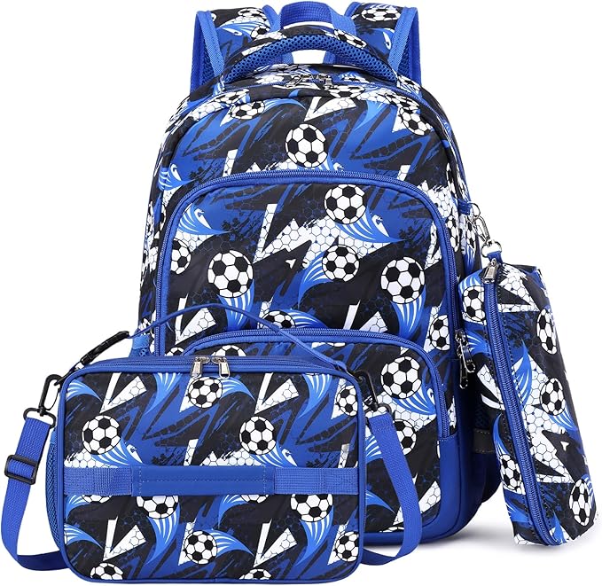 mygreen 3PCS Kids Backpack Set - Waterproof Bookbag with Lunch Box for Boys Ages 3-12, Adorable Cartoon Prints for School & Outdoor Use Blue Soccer