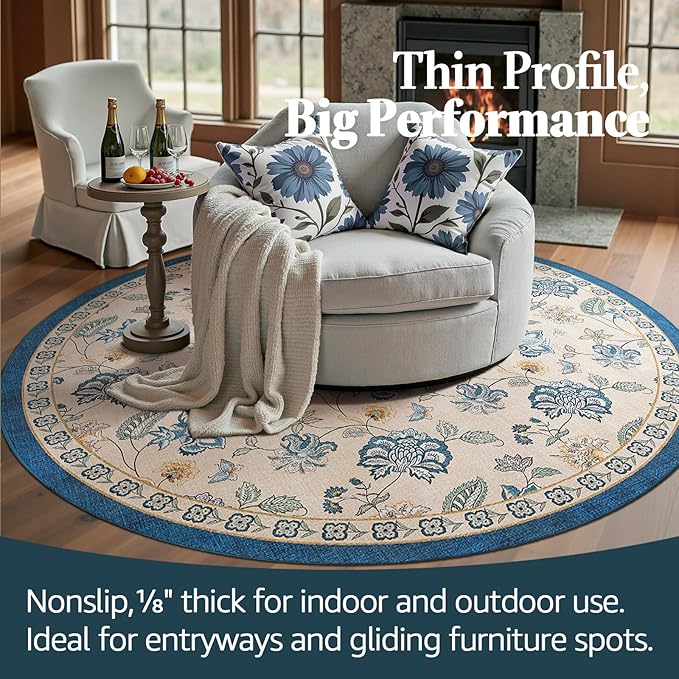 jinchan 6ft Floral Round Rug for Dining Room Washable Living Room Rug Vintage Romance Design Non Slip Indoor Floor Cover Lightweight Low-Profile Throw Carpet for Bedroom Porch Patio, Blue/Beige