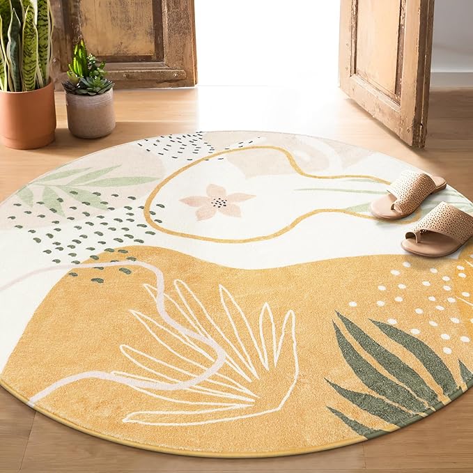 Lahome Boho Round Rug - Circle Rug 3Ft Washable Non-Slip Ultra-Thin Round Entryway Rug Throw Soft Small Circle Area Rug for Bathroom, Botanical Print Circular Rugs for Bedroom Nursery Kids Room Sofa