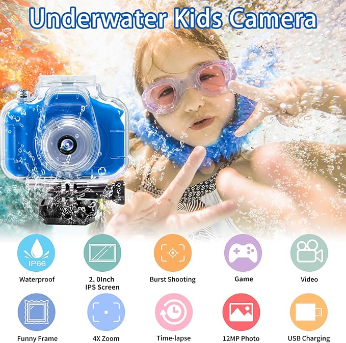 Kids Camera Waterproof Underwater Camera for 3-12 Year Old Boys Girls 2 Inch IPS Screen 1080P HD Digital Kids Video Camera Indoor Outdoor Action Cameras Best Christmas Birthday Gifts Dark Blue