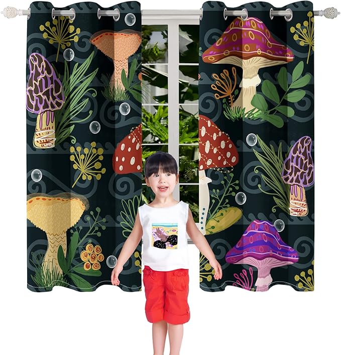 Mushrooms Curtains Panels for Kids Room Green Mushroom Blackout Curtains 63 inch Length for Kids Bedroom Living Nursery Room Grommet Top Thermal Insulated Curtains, 2 Pcs Panels, 82" x 63"