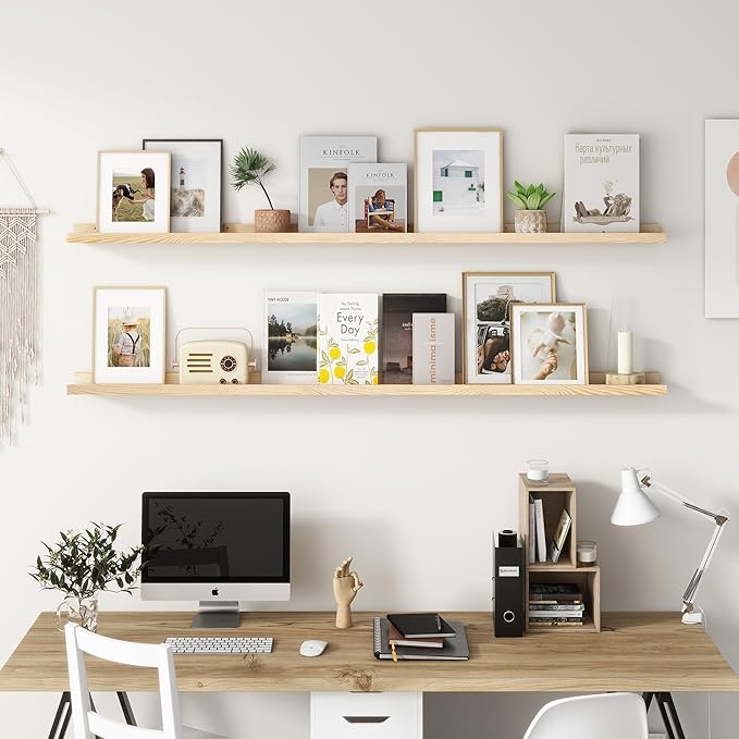 Picture Ledge Shelf, Floating Shelves Set of 2, Solid Pine Wood 72'' Long Large Nursery Book Shelves for Toys Storage, Kids Bookshelf for Living Room Bedroom Decor Books Photo Frames, Natural