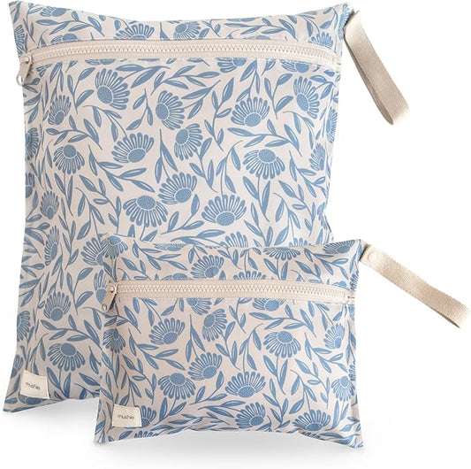 mushie Water Resistant Wet Bags | Large & Small Reusable Storage Bag for Baby Items and Travel | Zippered Pockets with Handle | Machine Washable, Set of 2 (Blue Flowers)