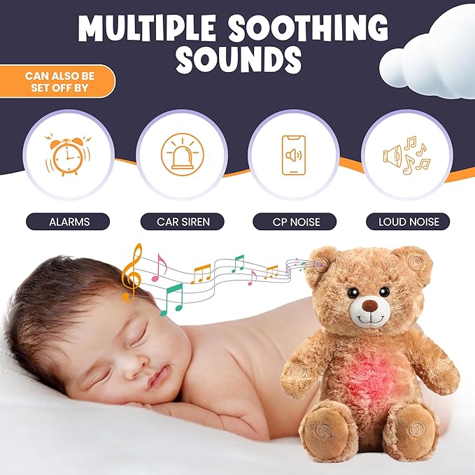 Gemma Joy Bedtime Baby Soothers for Sleep, Cry Activated Heartbeat Stuffed Animal for Baby, Newborn, Calming Light, Lullaby Music, White Noise, Shush and Mother’s Heartbeat - (Bear, Rechargeable)