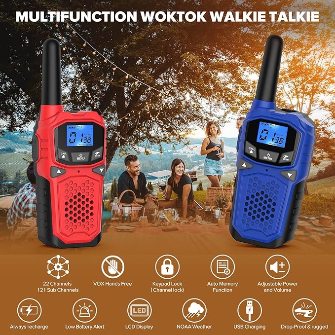 Walkie Talkies for Adults- WokTok Long Range Two Way Radio for Camping Hiking Hand Held Hiking Accessories Camping Gear Xmas Birthday Gift for Kids,SOS Siren,NOAA Weather Alert,2 Radios