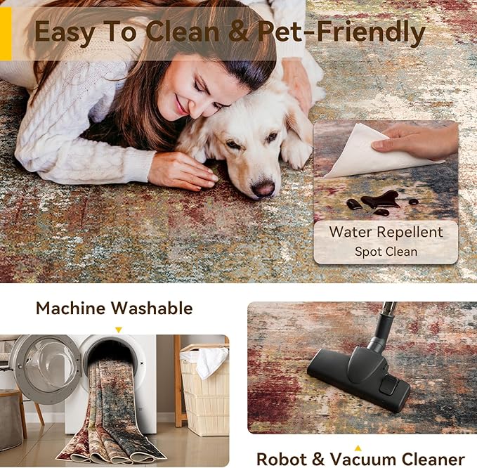 Washable Area Rugs 9'x12' Non-Slip Modern Abstract Soft for Living Room Entryway Bedroom Nursery, Print Pattern, Brown Rust Red Multi