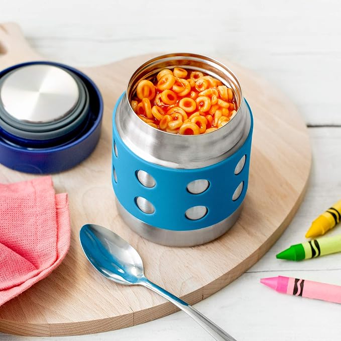 LunchBots Thermal 8 oz Triple Insulated Thermos - Hot 6 Hours or Cold 12 Hours - Leak Proof Thermos Soup Jar - All Stainless Interior - Navy Lid - Aqua Dots