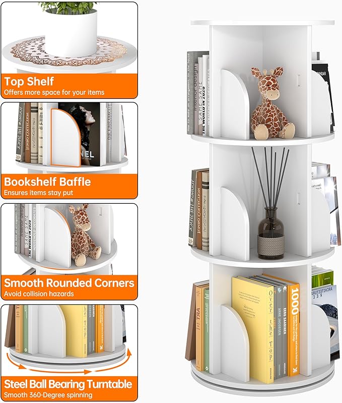 Rotating 3-Tier Bookshelf, 360° Spinning Corner Bookcase with Lazy Susan, White Space Saving Organizer for Study Room, Home Office, Kids Rooms, Bedroom, Adults & Kids