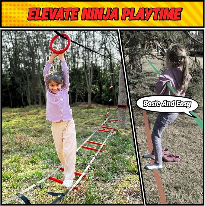 Hapfan Ninja Warrior Obstacle Course for Kids with Rickety Bridge, 50 FT Slackline Kit with Weather-Proof Obstacles, Outdoor Jungle Gym Climbing Toys for Backyard