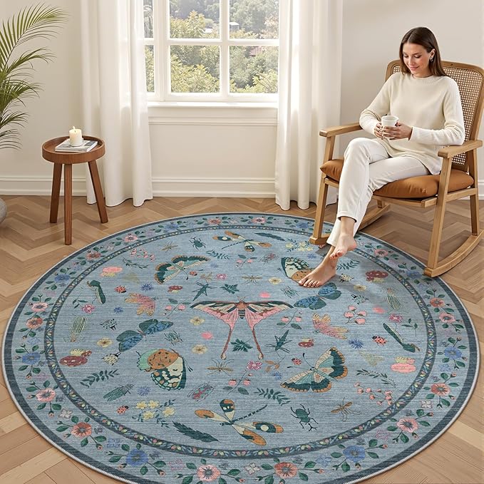4ft Washable Round Rug - Bug Rugs for Living Room Non-Slip Low Pile Soft Ultra-Thin Machine Washable Circle Carpet for Bedroom, Entryway, Nursery, Kitchen, Home Office (4' Round Blue)