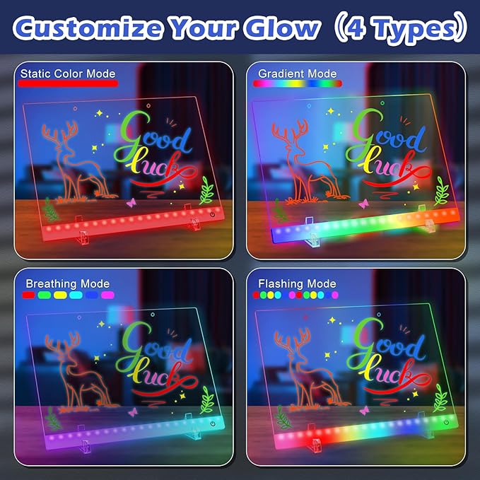 Meetory LED Drawing Board for Kids, Note Board with Colors, 13.8"X 9.8" 4 Modes & 6 Colors, Dry Erase Board with Light, Include Adapter, Hanging Chain, Stand, 12 Markers, Spray Bottle
