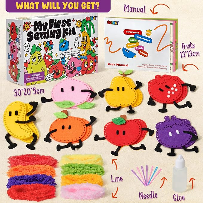 Golray Fruit Plushie Sewing Kit for Kids - My First Sewing Kit for Beginners, 7 Easy Felt Craft Project of Fruit Toys with Yarn, Leather, Plastic Needles, Glue & Instruction, Gift for Kid Girls Boys