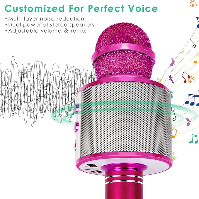 KIDWILL Wireless Bluetooth Karaoke Microphone for Kids, 5-in-1 Portable Handheld Karaoke Mic Speaker Player Recorder with Adjustable Remix FM Radio for Kids Girls Boys Teens Birthday-Hot Pink