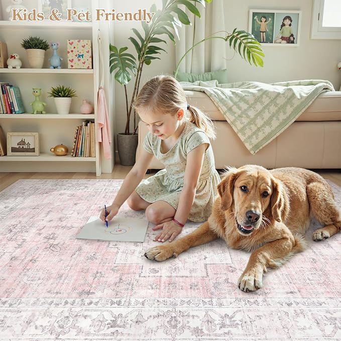 LIVEBOX Pink 8x10 Area Rug for Bedroom Girls, Boho Washable Rugs for Living Room Nursery, Non-Slip Indoor Soft Carpet Low-Pile Farmhouse Carpets for Dining Room Kids Playroom, Pink