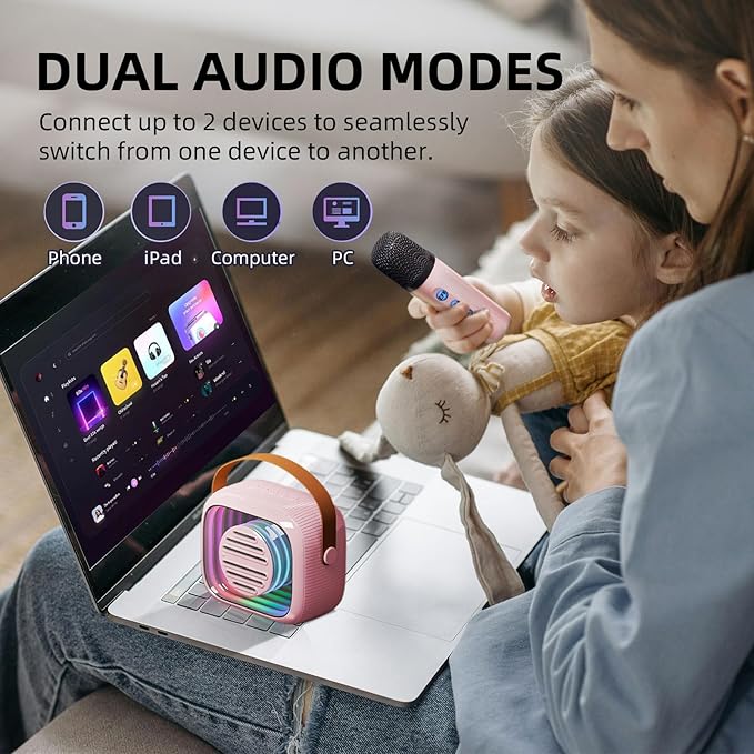 YF93 Kids Karaoke Machine with 7 Voice Effects, Bluetooth & Colorful LED Lights – Portable Singing Toy with Pro, Monster, KTV Modes for Home Parties（Pink）