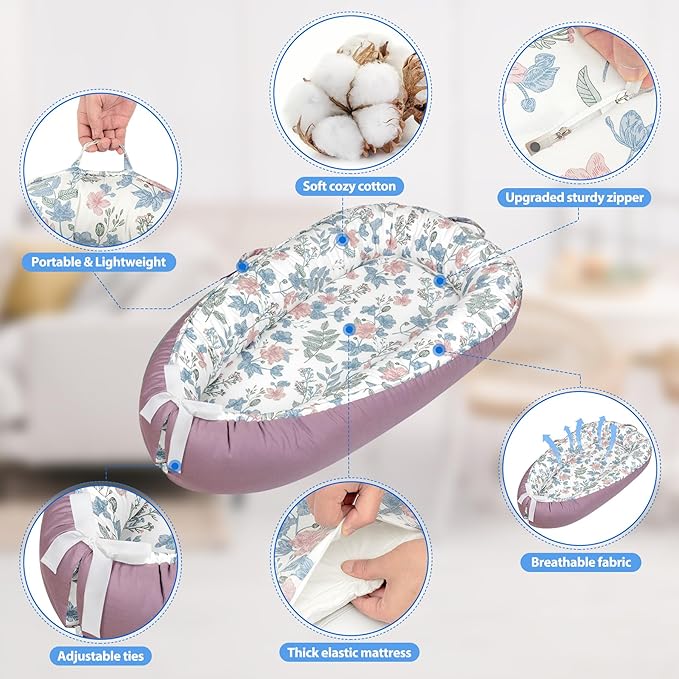 Baby Lounger - Breathable & Soft Baby Nest, Portable and Lightweight Tummy Time Lounger for Home and Travel, Ideal Newborn Babies Essentials Baby Shower Gifts