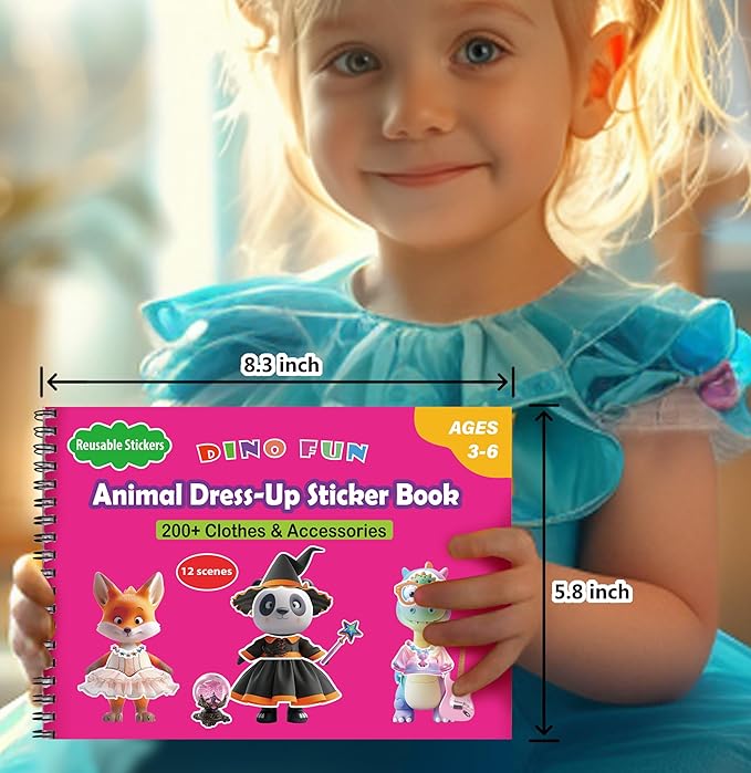 Dino Fun Animal Dress-up Sticker Book for Kids, Reusable Sticker Book for Toddlers 2-4 Years,12 Animals+Over 200 Cloths & Accessories,Sticker Dress up - Removable Sticker Activity Book for Girls