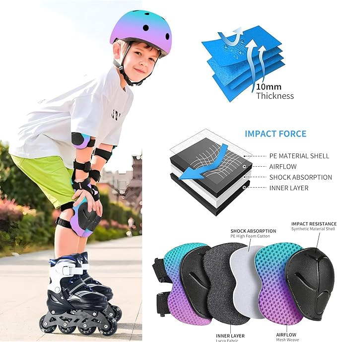 Adjustable Kids Bike Helmet with Knee & Elbow Pads Set, Color Gradient Design for Boys and Girls Aged 3-14+, for Skateboarding, Scooter, Roller & Inline Skating, Longboard