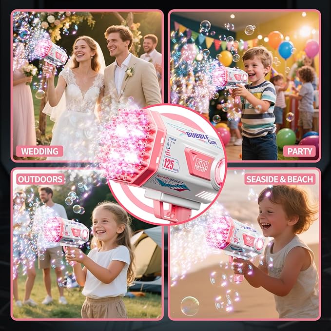 Bubble Gun, Upgraded 125 Holes Bubble Guns for Wedding, Pink Bubble Machine for Kids Age 3 4 5 6 7 8 9 10 11 12 Year Old, Big Bubble Blower Gun with Lights, Halloween Outdoor Party Favors