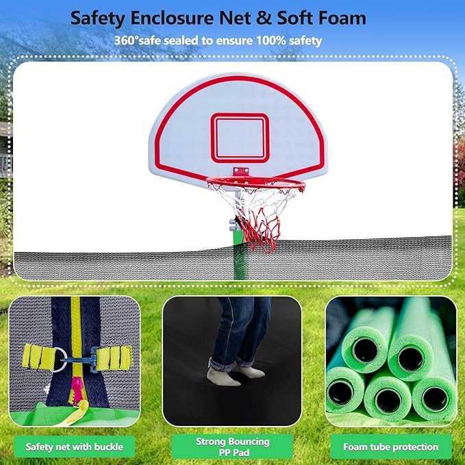 Upgraded 16FT 15FT 14FT 12FT 10FT 8FT Trampoline Outdoor with Basketball Hoop and Net, Capacity for 4-6 Kids and Adults