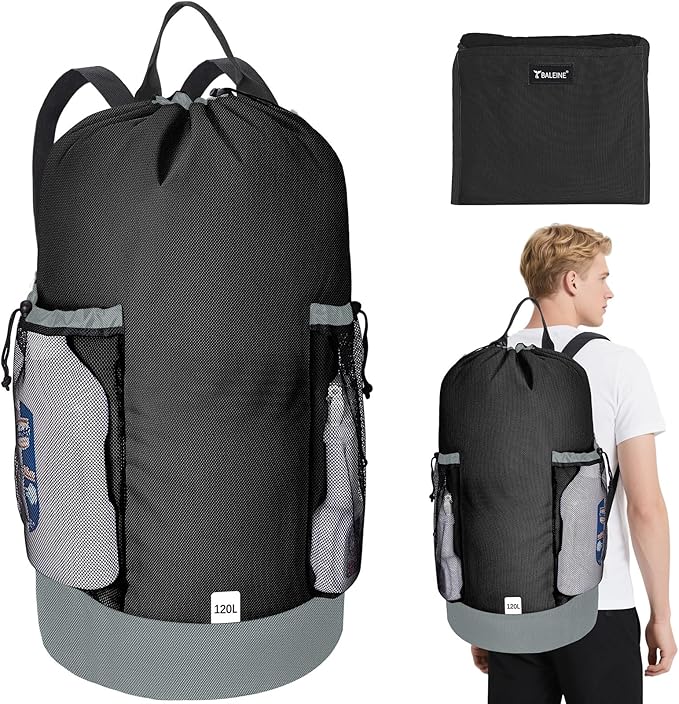 BALEINE 120L Laundry Bag Backpack, 900D Oxford Fabric Large Travel Laundry Bags with Shoulder Straps and 2 Mesh Pockets for College Dorm, Apartment, Laundromat (Black, 120L)