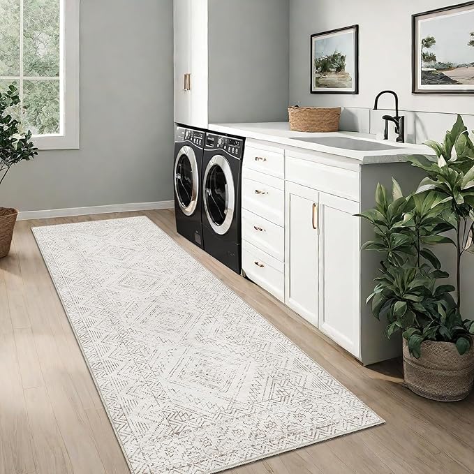 COZYLOOM Runner Rug 2x6 Living Room Washable Rugs Stain Resistant for Bedroom Soft Floor Carpet Non Slip Distressed Geometric Carpet for Dining Room Laundry Room Office, Ivory