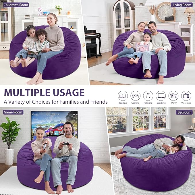 5FT Bean Bag Chair, Large Bean Bag Chairs with Memory Foam Filled, Fluffy Beanbag Sofa with Dutch Velvet Cover, Round BeanBag Chairs for Living Room, Playroom - Purple