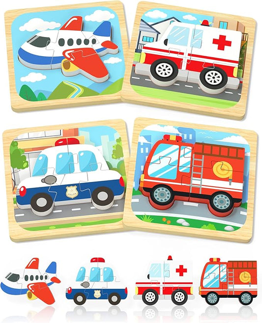 Benresive Wooden Toddler Puzzles, Montessori Toys for 1 2 3 Year Old Boys, Toys for 1 2 3 Year Old Boy Birthday Gifts, 4 Pack Vehicle Toddler Learning Educational Puzzles