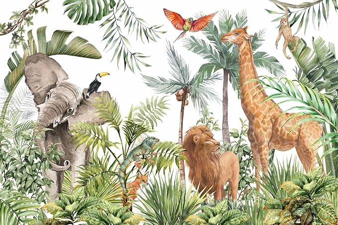 Kids Safari Giraffe Wallpaper Tropical Palm Tree Jungle Forest Plants and Animals Wall Mural for Nursery Living Room Bedroom Dining Room Basement(Not Self-Adhesive)