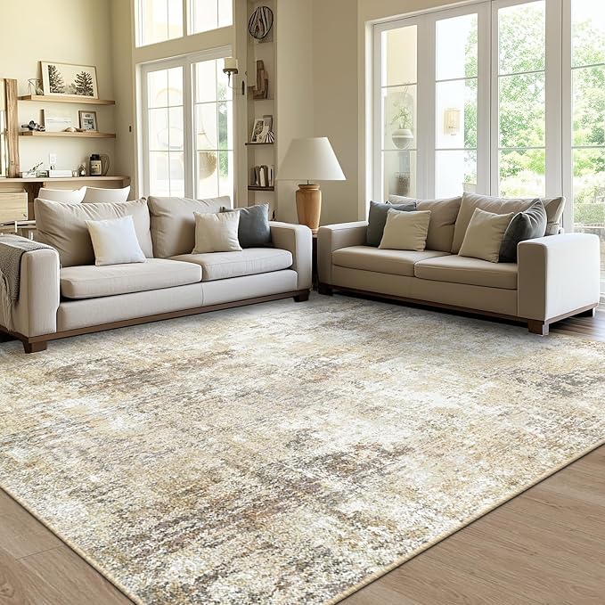 Washable Area Rugs 6'x9' Non-Slip Modern Abstract Soft for Living Room Entryway Bedroom Nursery, Print Pattern, Neutral Brown Gray