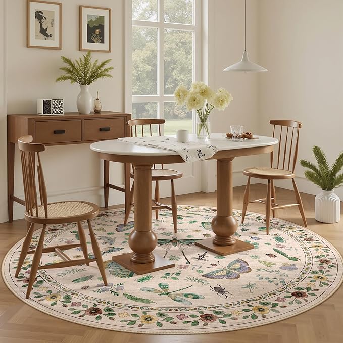 6ft Washable Round Rug - Bug Rugs for Living Room Non-Slip Low Pile Soft Ultra-Thin Machine Washable Circle Carpet for Bedroom, Entryway, Nursery, Kitchen, Home Office (6' Round Beige)