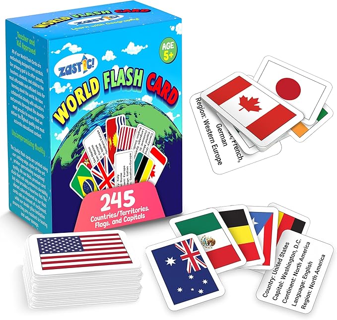 Zastic! World Flags Flashcards - 245 Country Flags, Capitals, Languages & Continents - Gloss Laminated Kids Geography Flash Cards