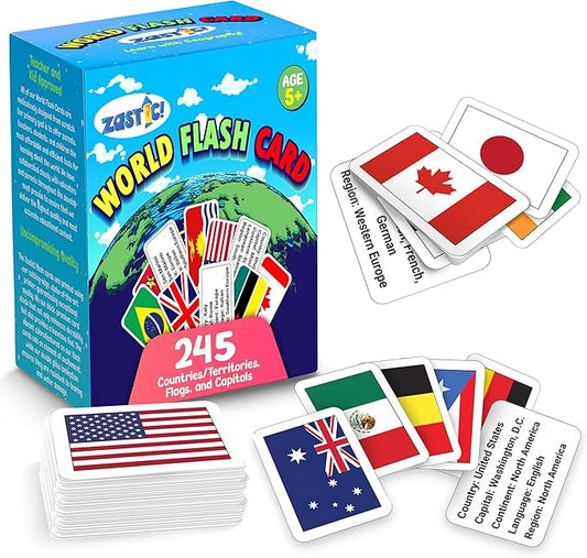 Zastic! World Flags Flashcards - 245 Country Flags, Capitals, Languages & Continents - Gloss Laminated Kids Geography Flash Cards