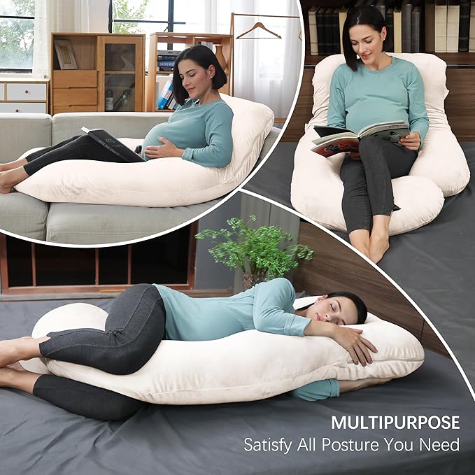 MOON PARK Pregnancy Pillows for Sleeping - U Shaped Full Body Maternity Pillow with Removable Cover - Support for Back, Legs, Belly, HIPS - 65 Inch - Ivory