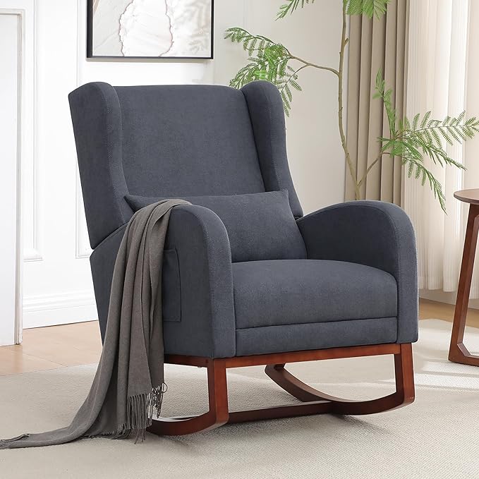 Nursery Rocking Chair, Rocking Chair Nursery with Foot Rest, Comfy Fabric Glider Rocker Nursing Chair with High Back for Nursing, Living Room, Bedroom, Grey