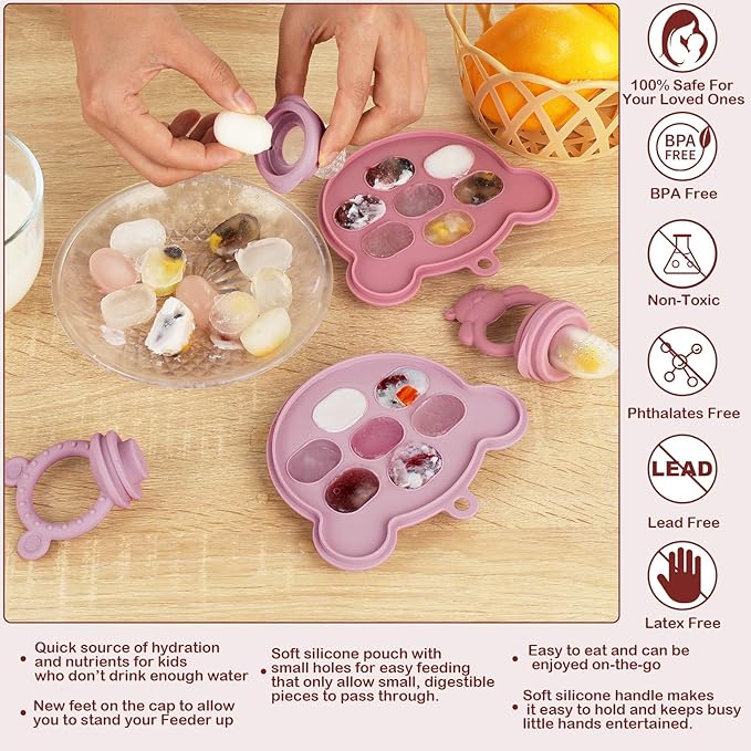 Baby Breastmilk Popsicle Molds & Baby Fruit Feeder (6 Pack), WAJIAYON Baby Food Freezer Tray Storage Containers, Silicone Teething Pacifier Feeder and Teether for Babies,Moss and Fawn Baby Feeder