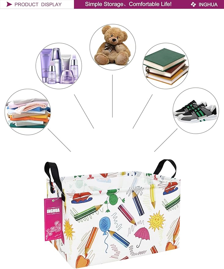 Rectangular Storage Basket Fabric Organizer Bin for Toys,Books,Clothes,Gifts,Pets-Perfect for Home,Office,Nursery,Dorm,Shelf(Rec-colored pencil )