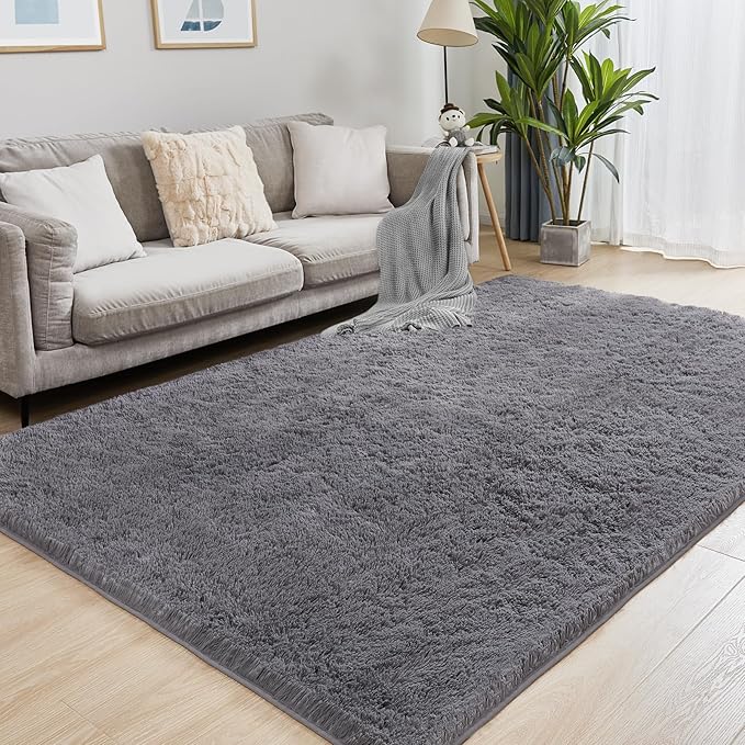 8x10 Grey Fluffy Rug, Ultra Soft Area Rugs for Living Room, Plush Indoor Carpet, Anti-Skid High Pile Luxury Rugs for Bedroom, Nursery, Kids Room, Playroom, Home Decor