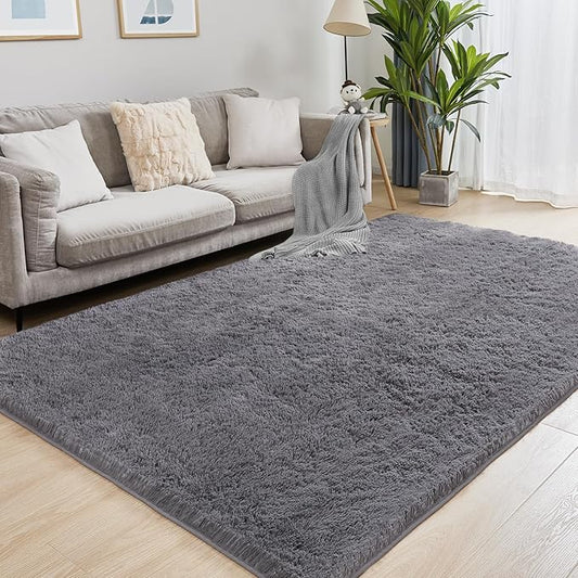 Ultra Soft Grey Rugs for Living Room, 5x7 Fluffy Plush Area Rugs for Bedroom, Non-Slip Floor Carpet for Kids Room, Bedside, Playroom, Corridor, Indoor Decor