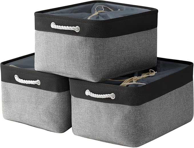 TheWarmHome Organization and Storage Basket for Organizing - 17x14x10 inch Large 3 Pack Collapsible Storage Bin for Shelves, Fabric Basket for Gifts Empty Organizer Gift Closet (Black & Grey)