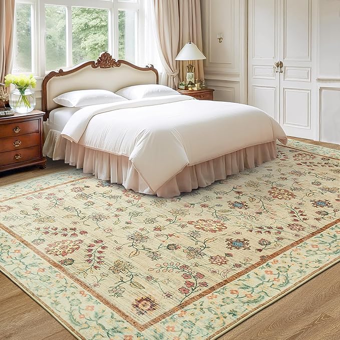 LOCHAS Washable Area Rugs 8x10, Beige Floral Rug for Living Room Bedroom Non Slip, Ultra Soft Vintage Indoor Carpet for Kids, Nursery, Dorm, Dining Room, Classroom, Boho Flower Home Decor, Low-Pile