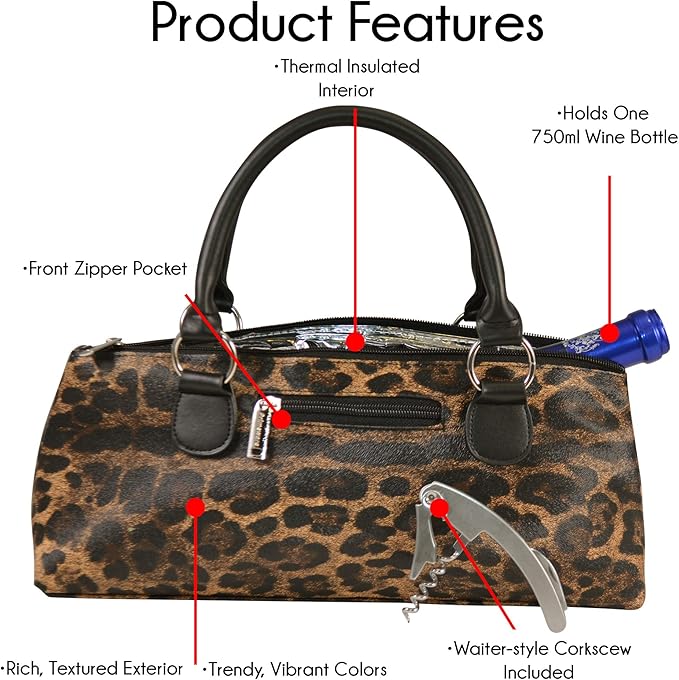 Wine Clutch Bag (Thermal Insulated) Trendy Women’s Carry Tote | Holds Red & White 750mL Bottles | Trendy Fashion | Incl. Portable Waiter-Style Corkscrew (Cougar)