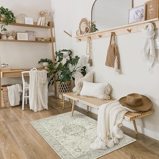 LIVEBOX Washable Rug 2x3 Kitchen Mats for Floor Entryway, Non Slip Front Door Mat for Bathroom Hallway, Boho Low-Pile Small Carpet Farmhouse Throw Indoor Rugs for Bath Sink, Taupe