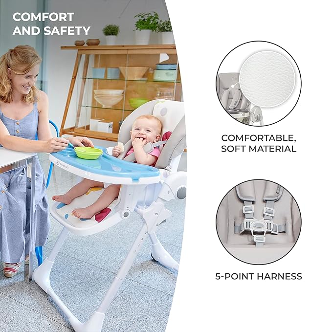 Kinderkraft Highchair Yummy, Baby Chair, Ergonomic, Comfortable, Reclining, Foldable, with Ajustable Height, Footrest, Detachable Double Tray, for Toddler, from 6 Month to 3 Years, Gray